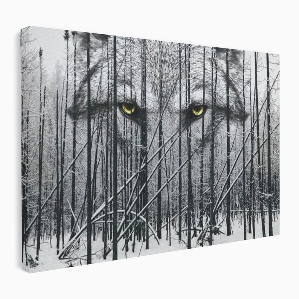 Tablou canvas cu tablou canvas cu ochi de lup si padure iarna, fara rama, pe sasiu de lemn